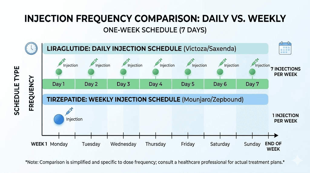 Weekly injection schedule tirzepatide vs daily liraglutide dosing comparison