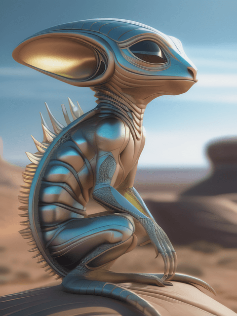 A small silver big eared alien creature perched on a rock in a desert