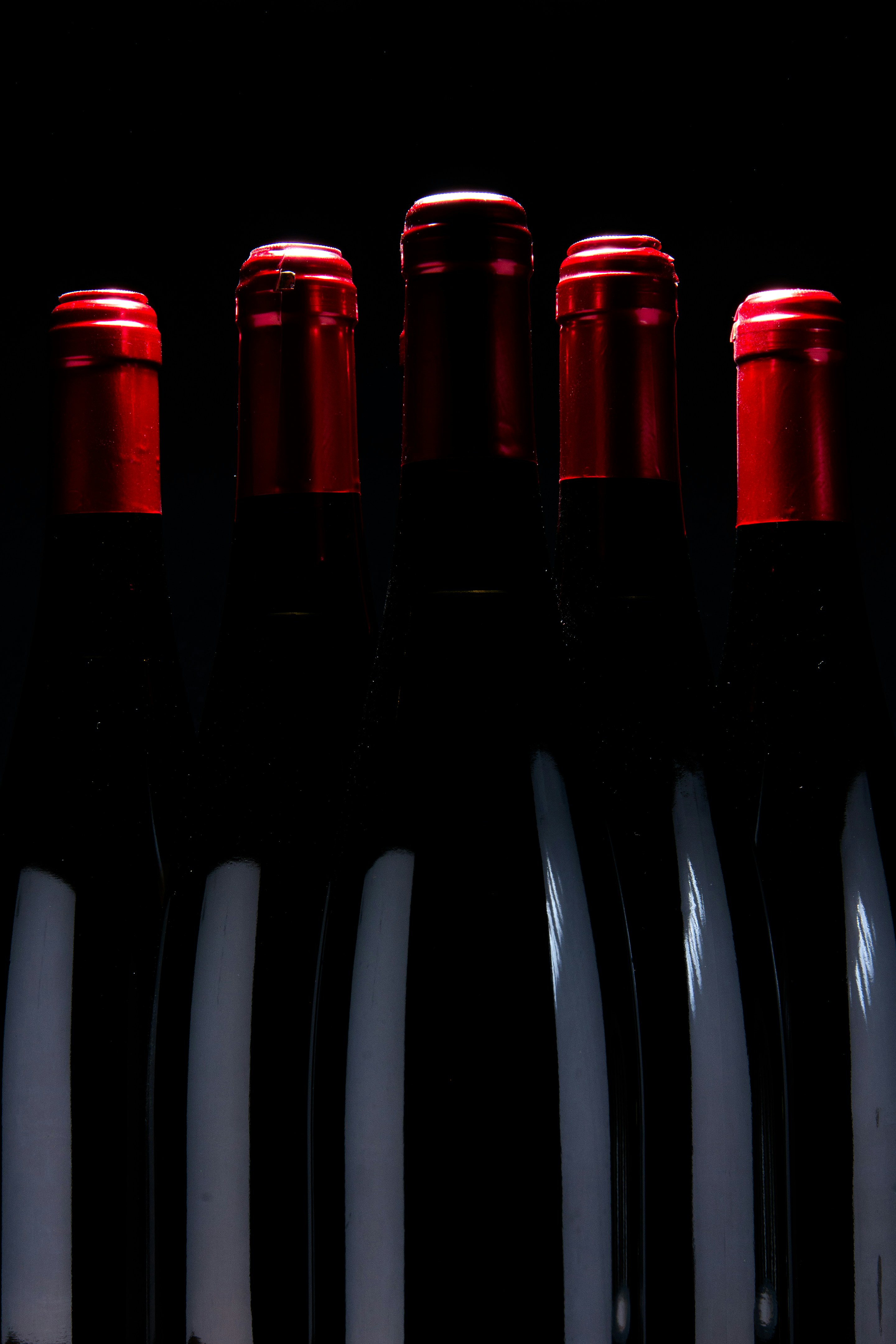 five upright black bottles