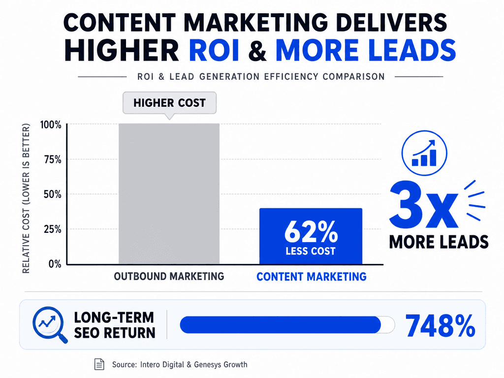 Vertical bar chart showing content marketing costs 62 percent less than outbound and generates 3 times more leads for B2B organizations.