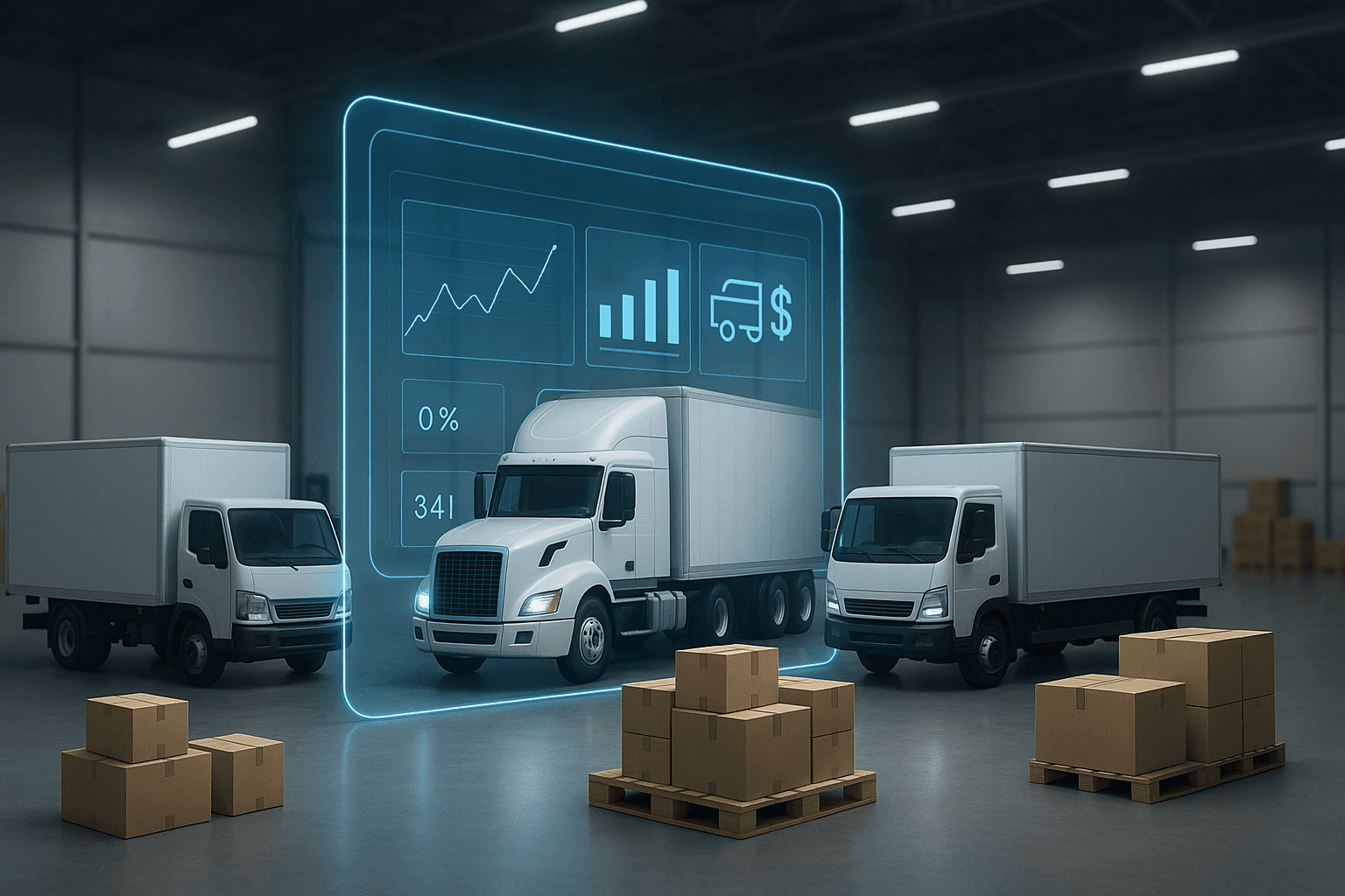Fluxo de distribuição B2B em ambiente logístico moderno, com caminhões de entrega posicionados em armazem organizado, pallets e caixas alinhados e painel digital holografico representando automacao e gestao inteligente de frete e operacoes logisticas.