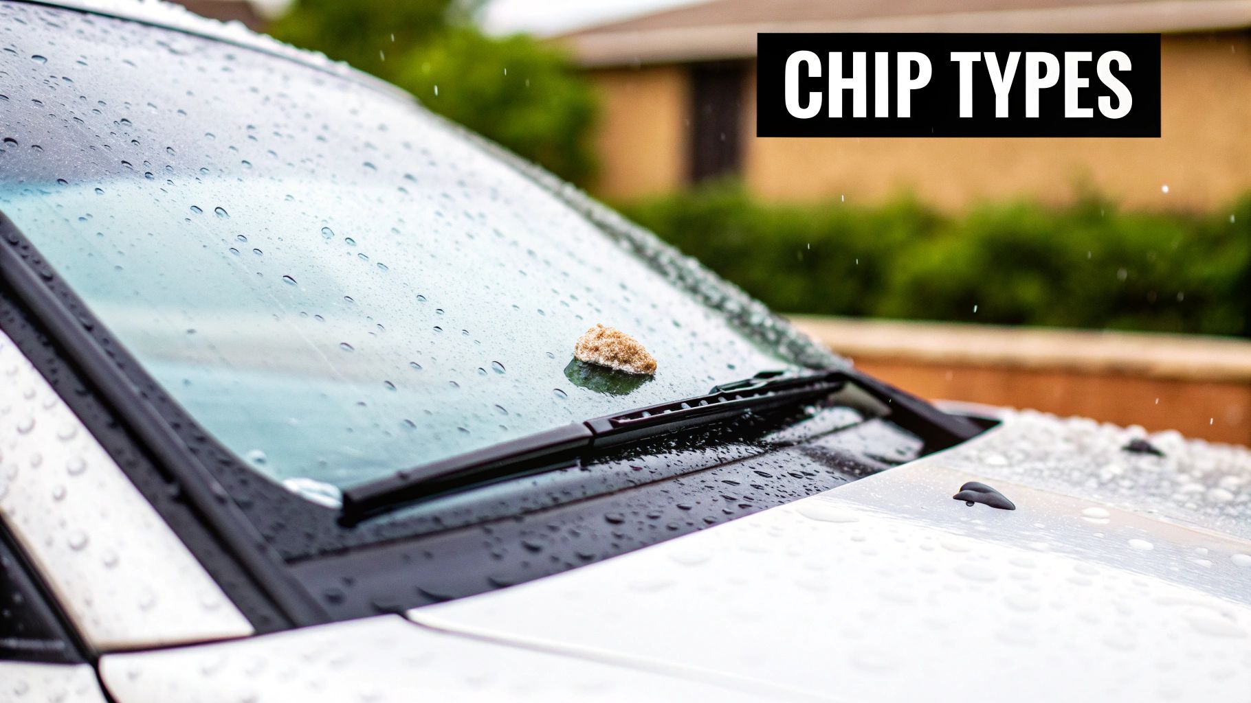 Close-up of different types of rock chips on a windshield