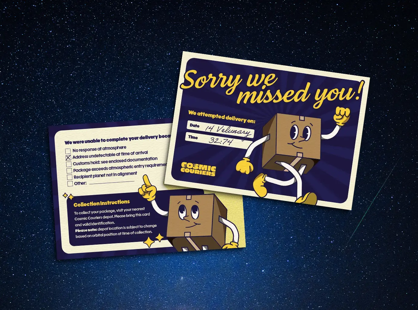 Sorry we missed you delivery cards featuring the Cosmic Couriers box mascot on a starry background