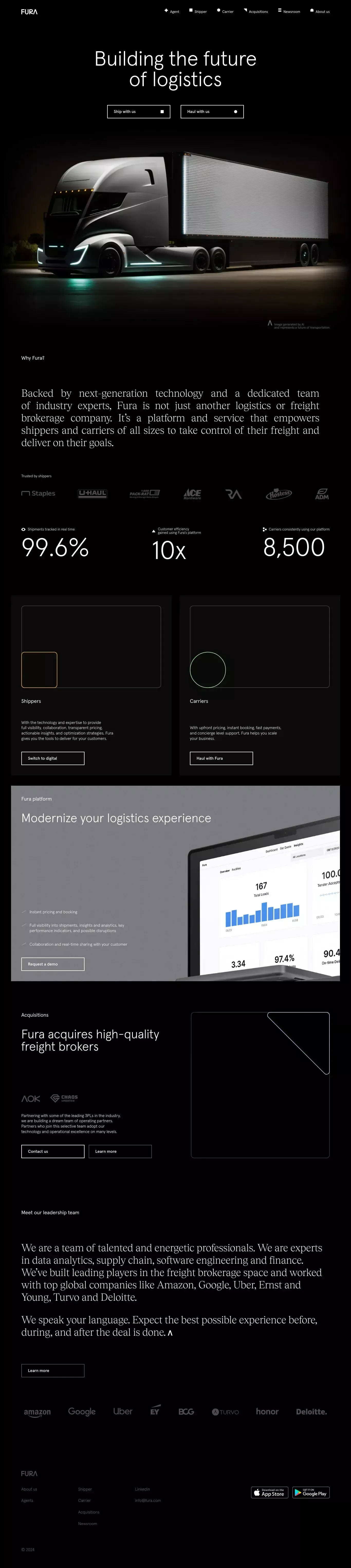 Fura landing page screenshot showcasing Travel and Tech design