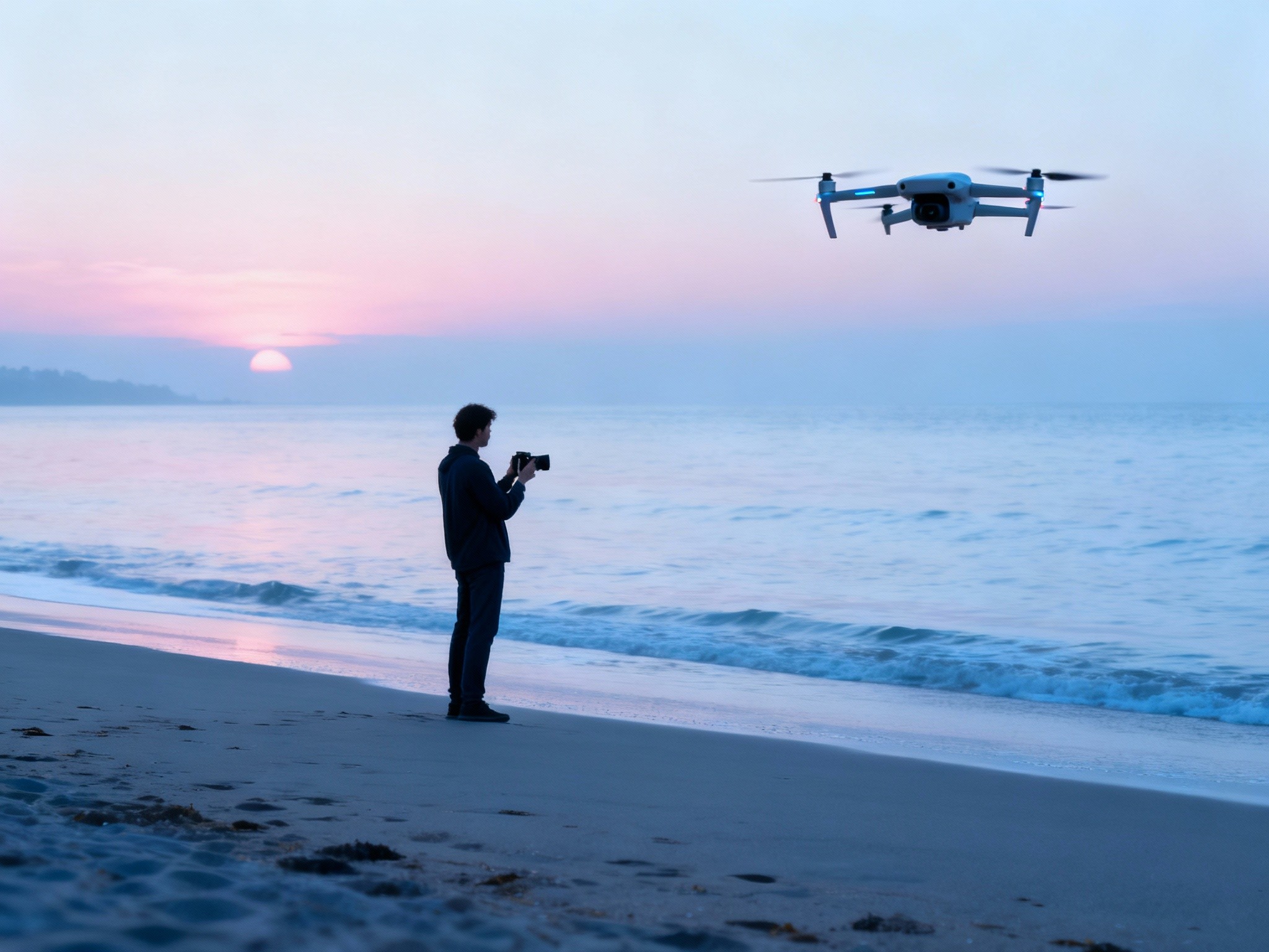 An expansive view of a serene beach at dawn, capturing a solitary photographer standing at the