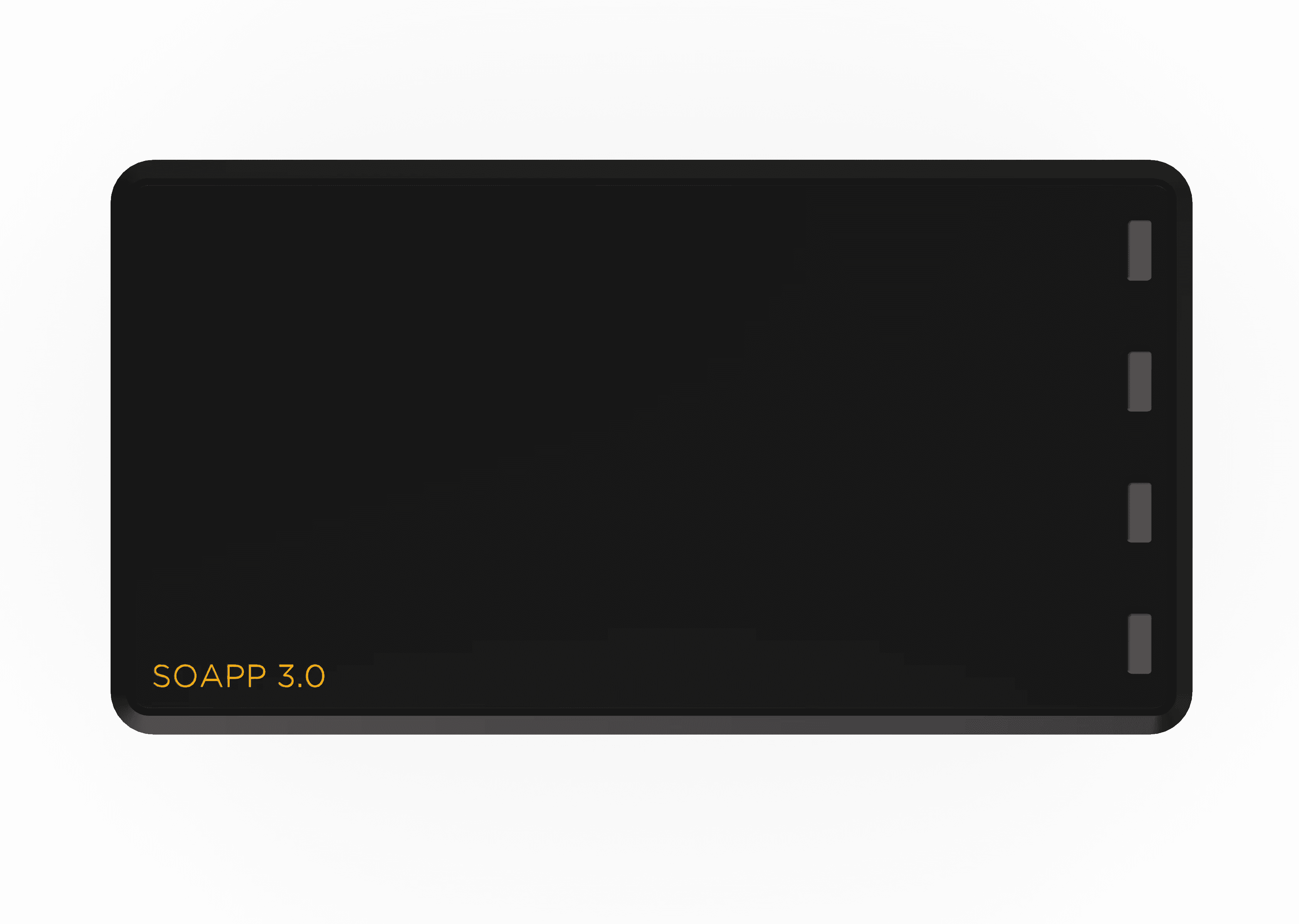 Top view of the Riff MIDI Link control station in matte black plastic, featuring the SOAPP 3.0 logo on top, on a transparent background.