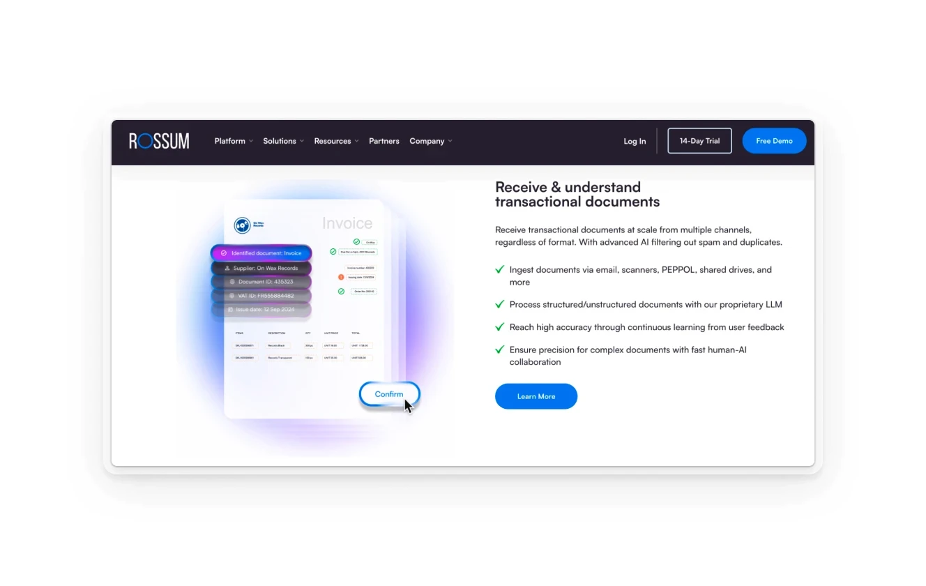 A webpage header for Rossum, promoting its ability to process and understand transactional documents at scale, featuring an invoice interface and highlights of its AI capabilities.