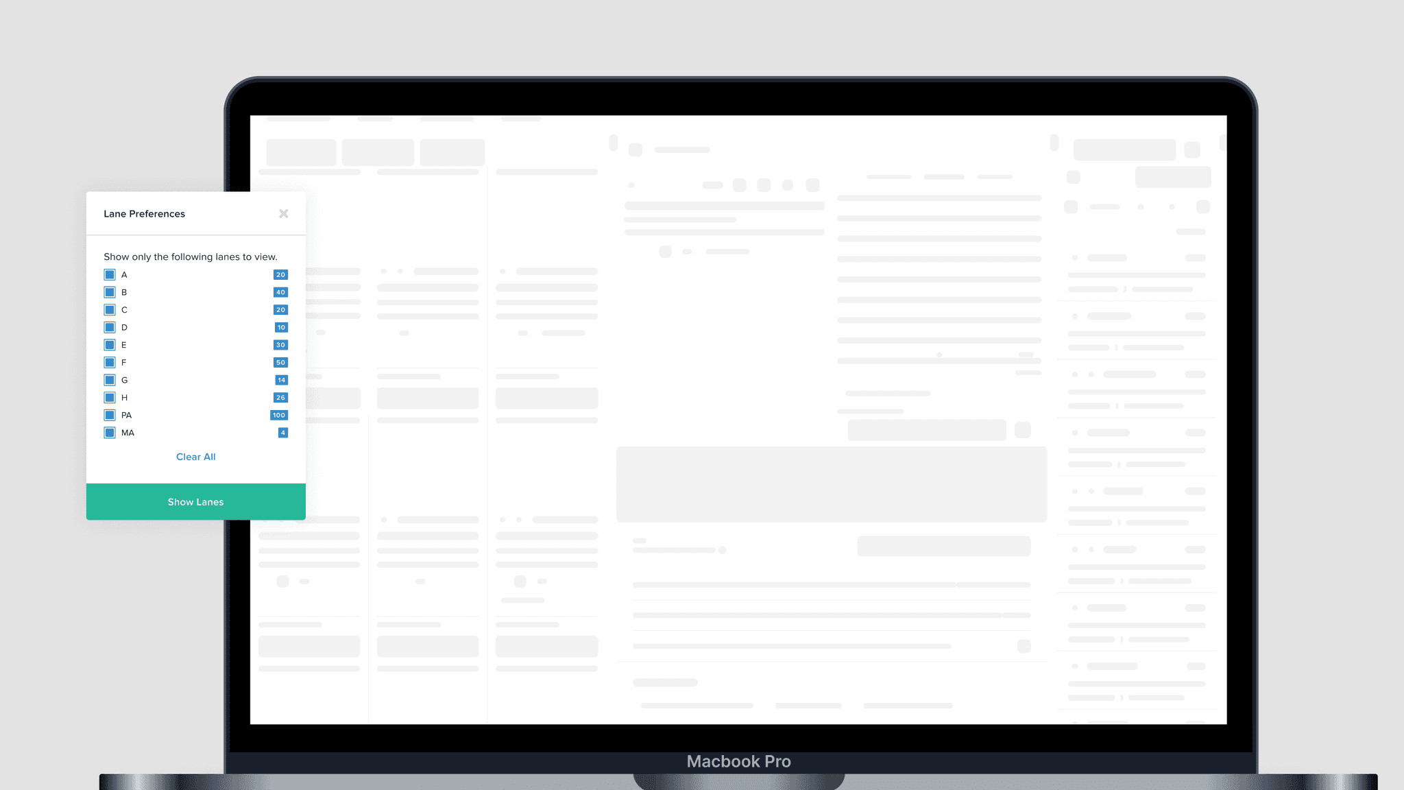 image highlighting a modal to choose lanes