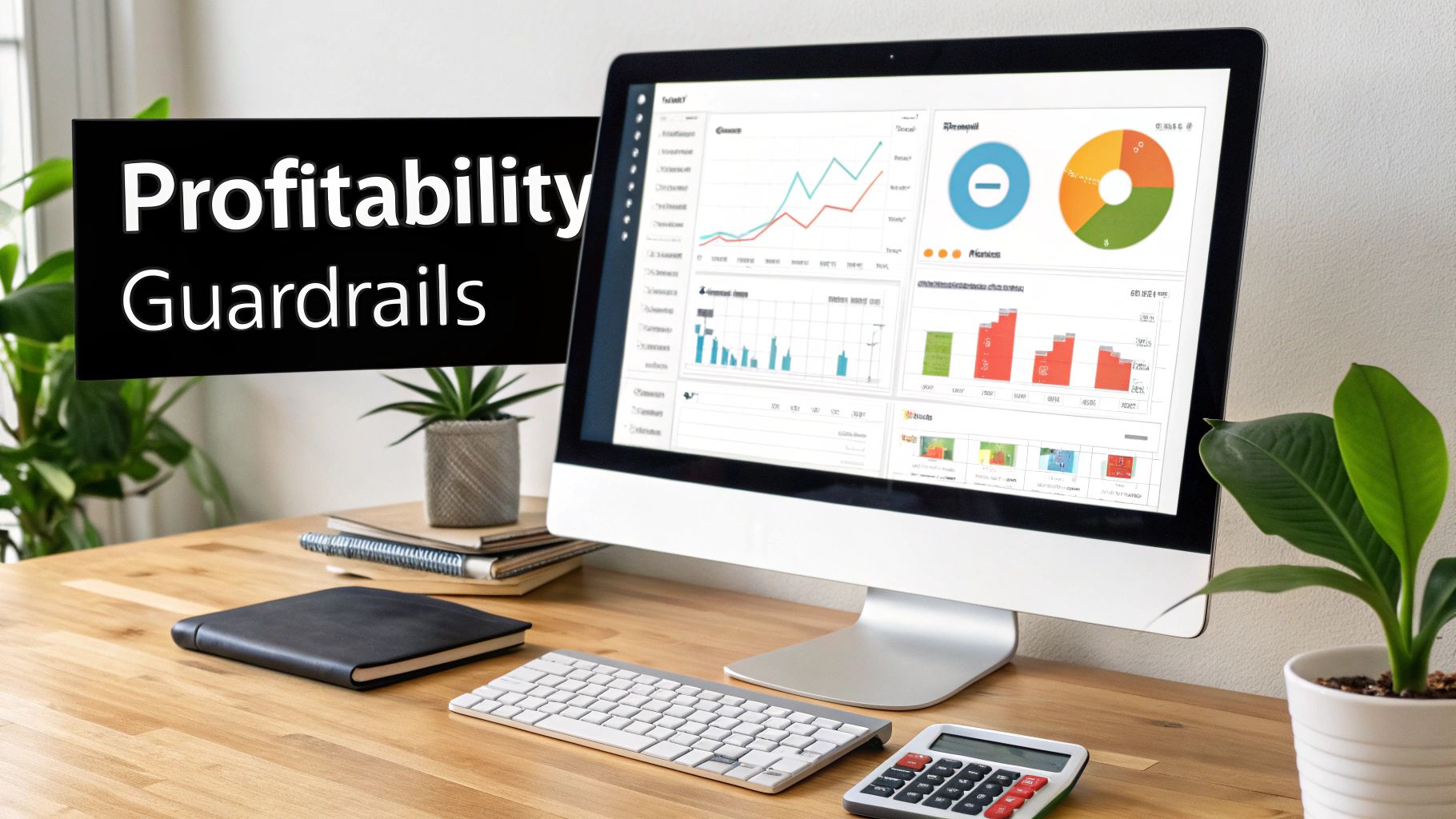 A desk with a computer displaying financial dashboards, a keyboard, calculator, and text 'Profitability Guardrails'.