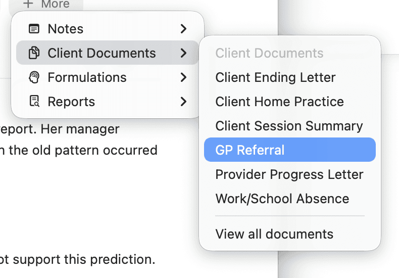 More → Client Documents with GP Referral highlighted.