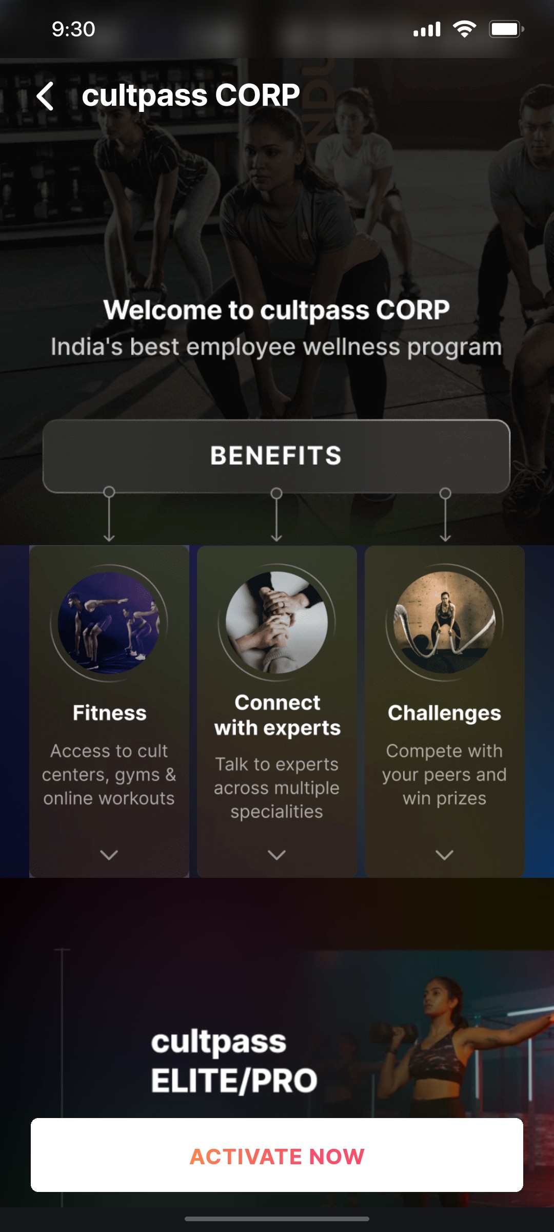 Cult.fit App Cultpass CORP Screen