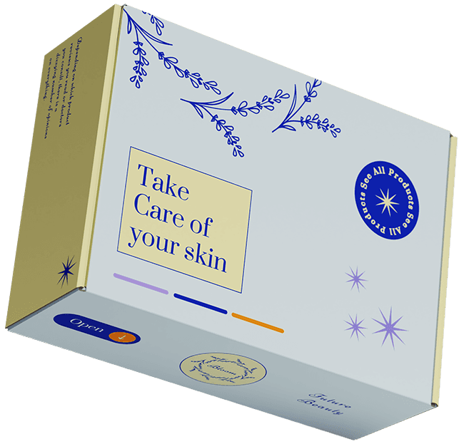 A decorative skincare product box, light blue with gold accents, featuring a message about caring for your skin.