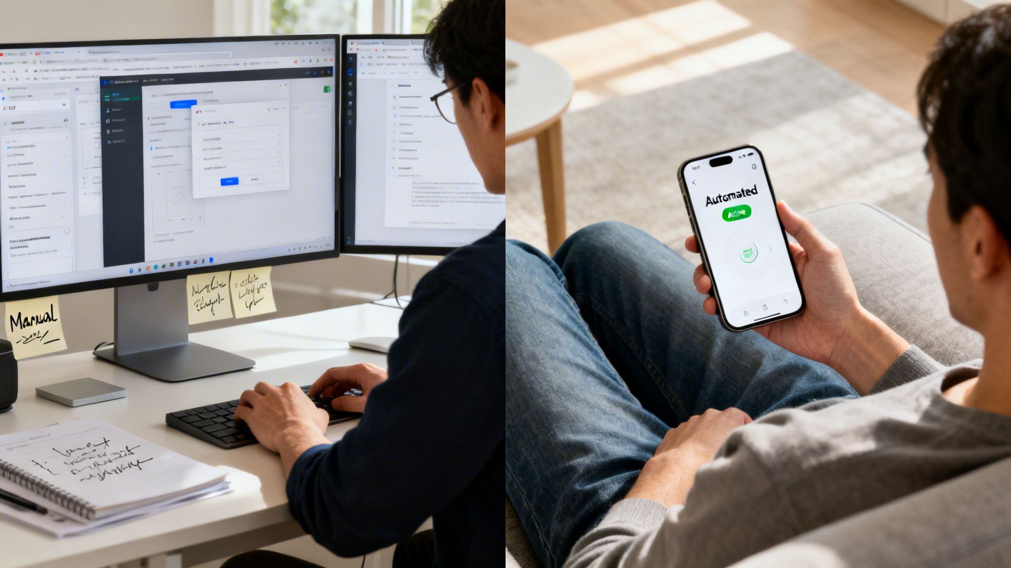 A person manually working on a computer next to another person using a smartphone with an 'Automated' app.