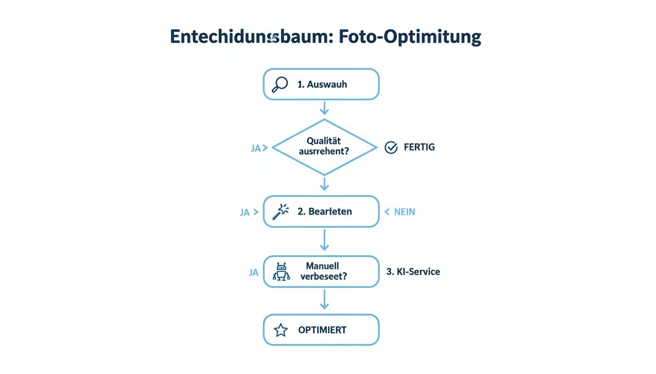 Flussdiagramm zur Foto-Optimierung, das die Schritte von der Auswahl über die Qualitätsprüfung bis zur Bearbeitung mittels KI-Service zeigt.