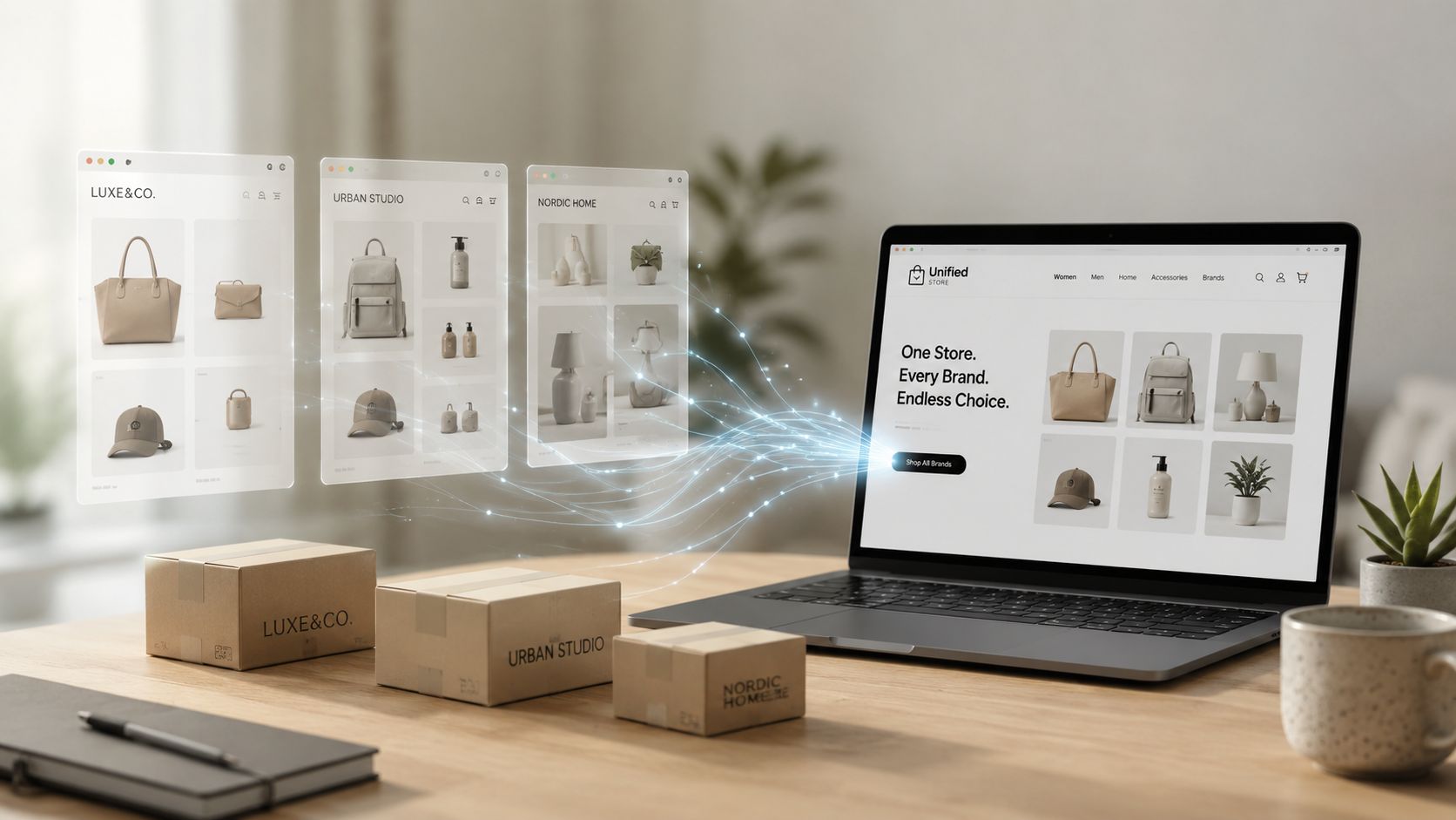 A laptop showing an e-commerce platform consolidating data from three different boutique store browser windows.