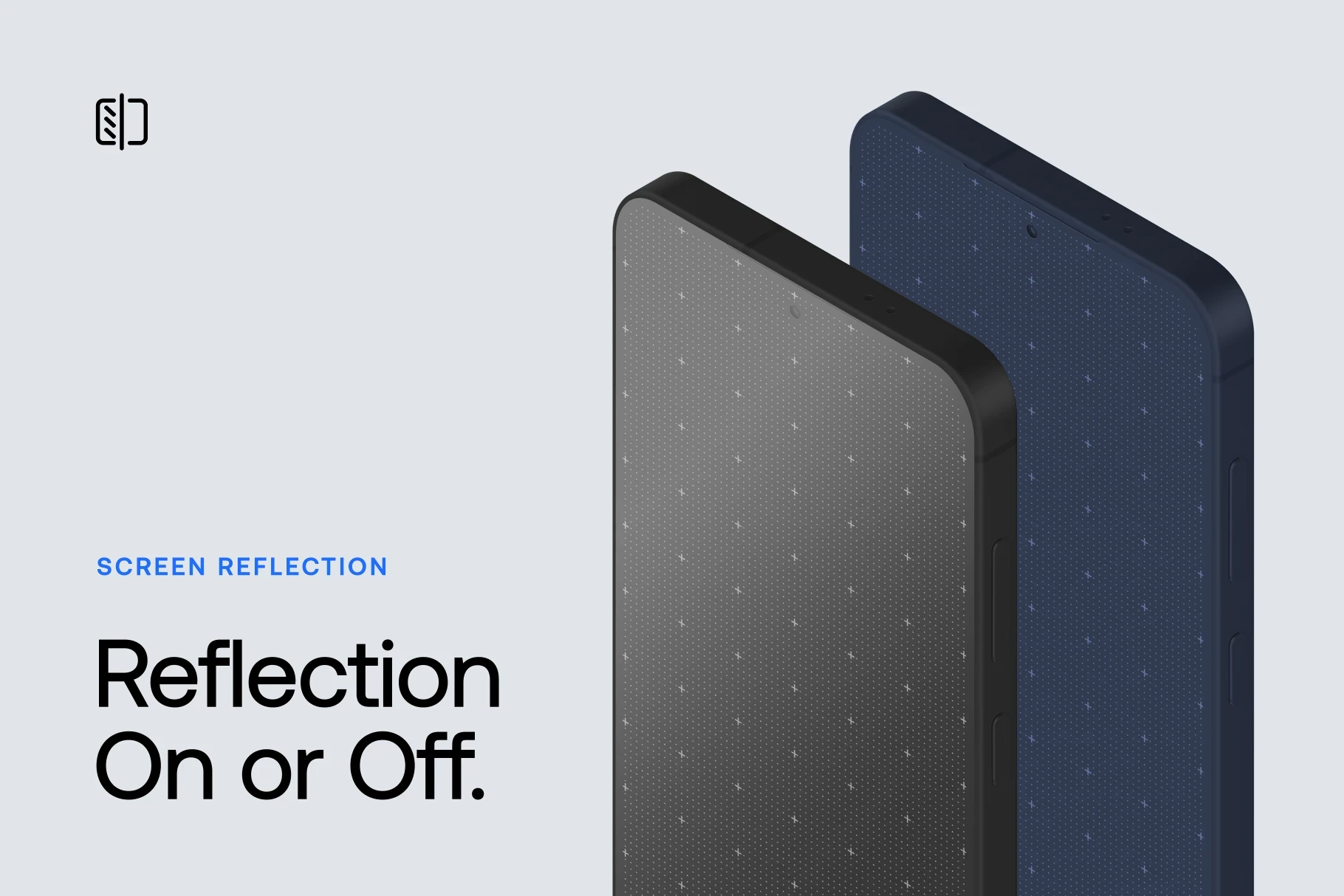 Side-by-side comparison of dark Samsung Galaxy S26 mockups showing the screen reflection toggled on and off.
