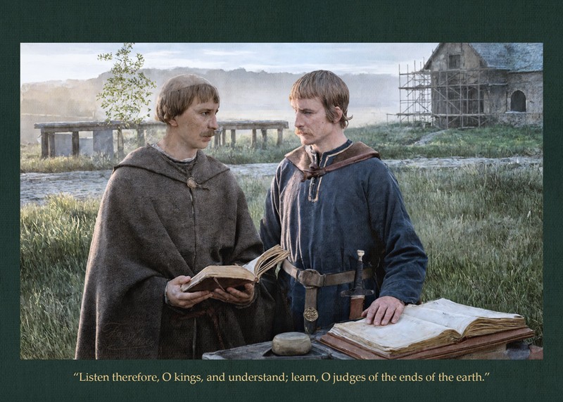 Sacred artwork by Faith and Verse. © Faith and Verse, 2025. All rights reserved. Catholic Saint Alcuin of York holy card—scene of counsel given to Charlemagne and the formation of Christian kingship—5×7 traditional saint scene by Faith and Verse