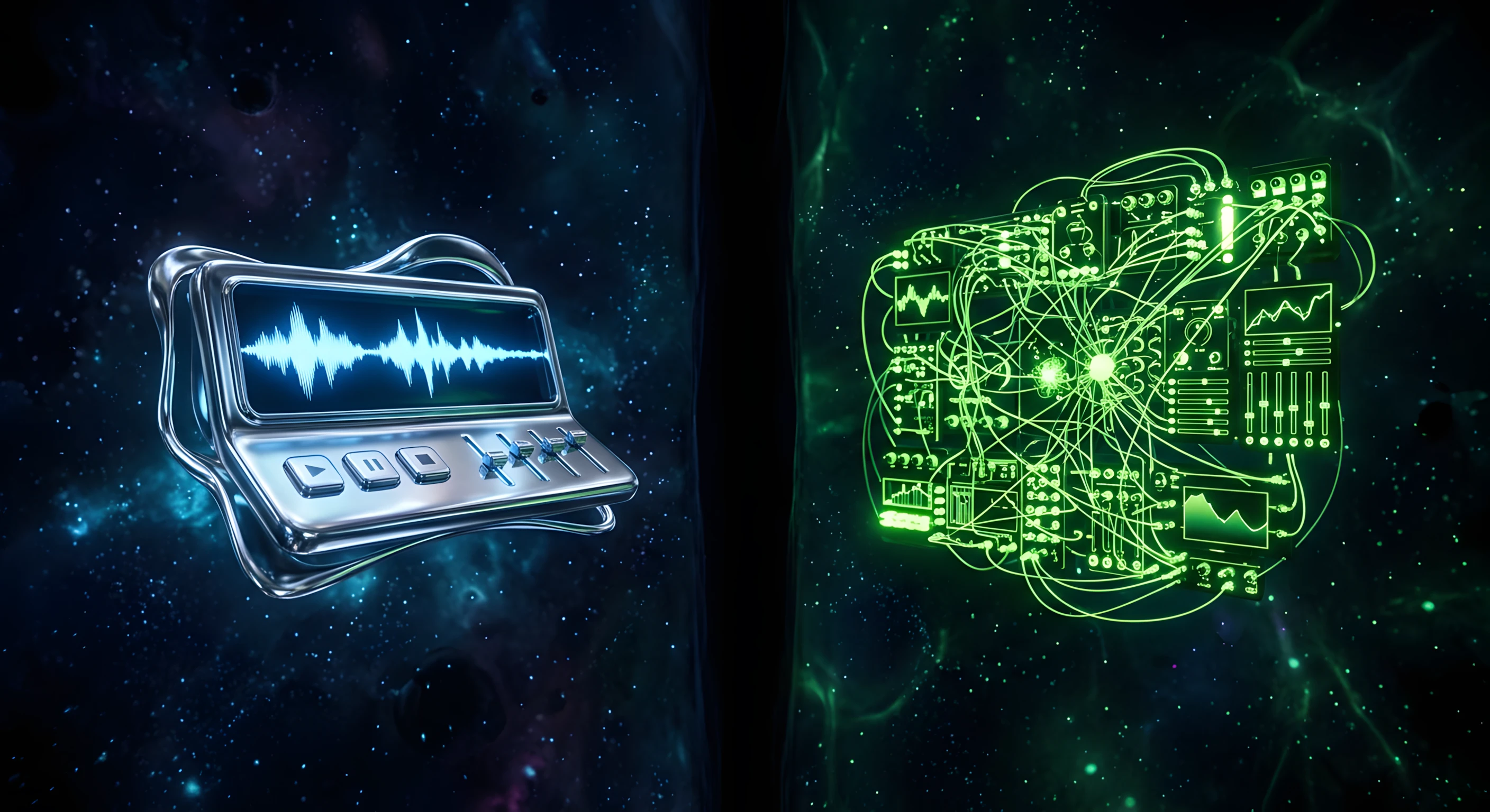 Tone.js vs Howler.js — two web audio tools built for entirely different jobs: file playback on the left, programmatic synthesis node graph on the right, bioluminescent noir