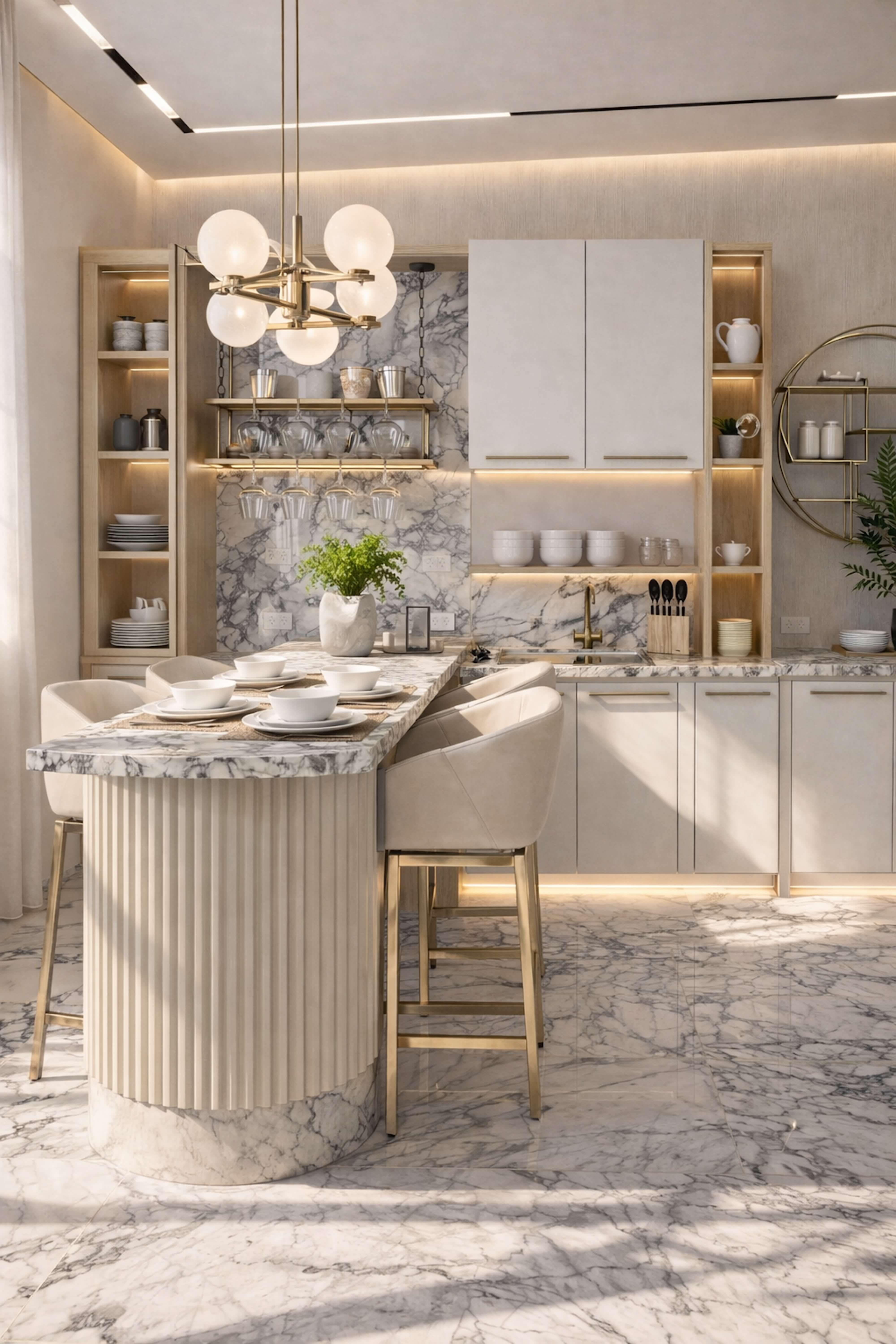Sophisticated dining space with round marble table, sculptural chairs, and warm glowing chandelier.