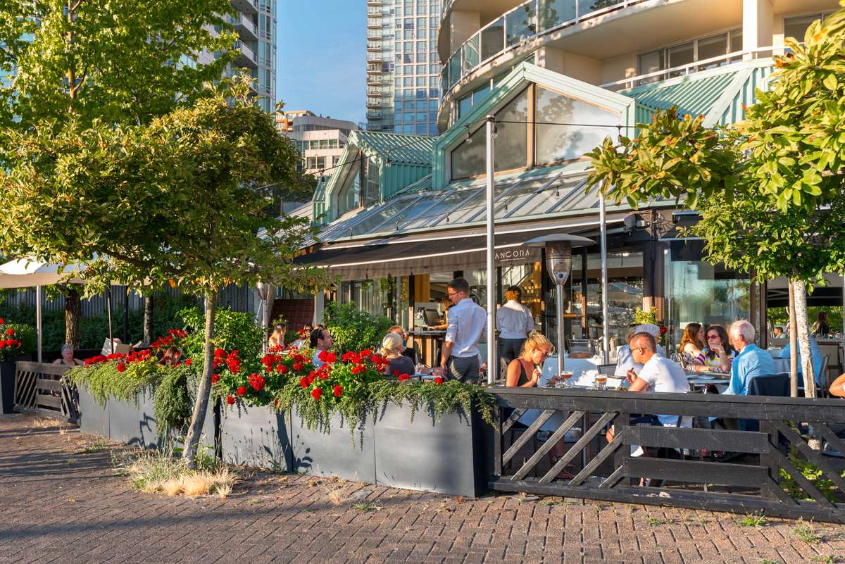 Patrons dine at outdoor tables and chairs in a sunlit patio area with red flowers and green trees under a glass roof.