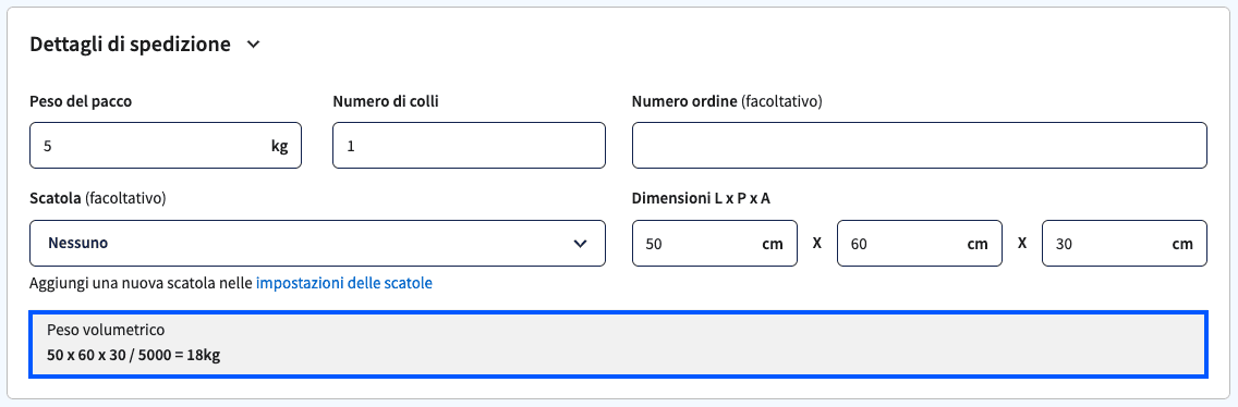calcolo peso volumetrico