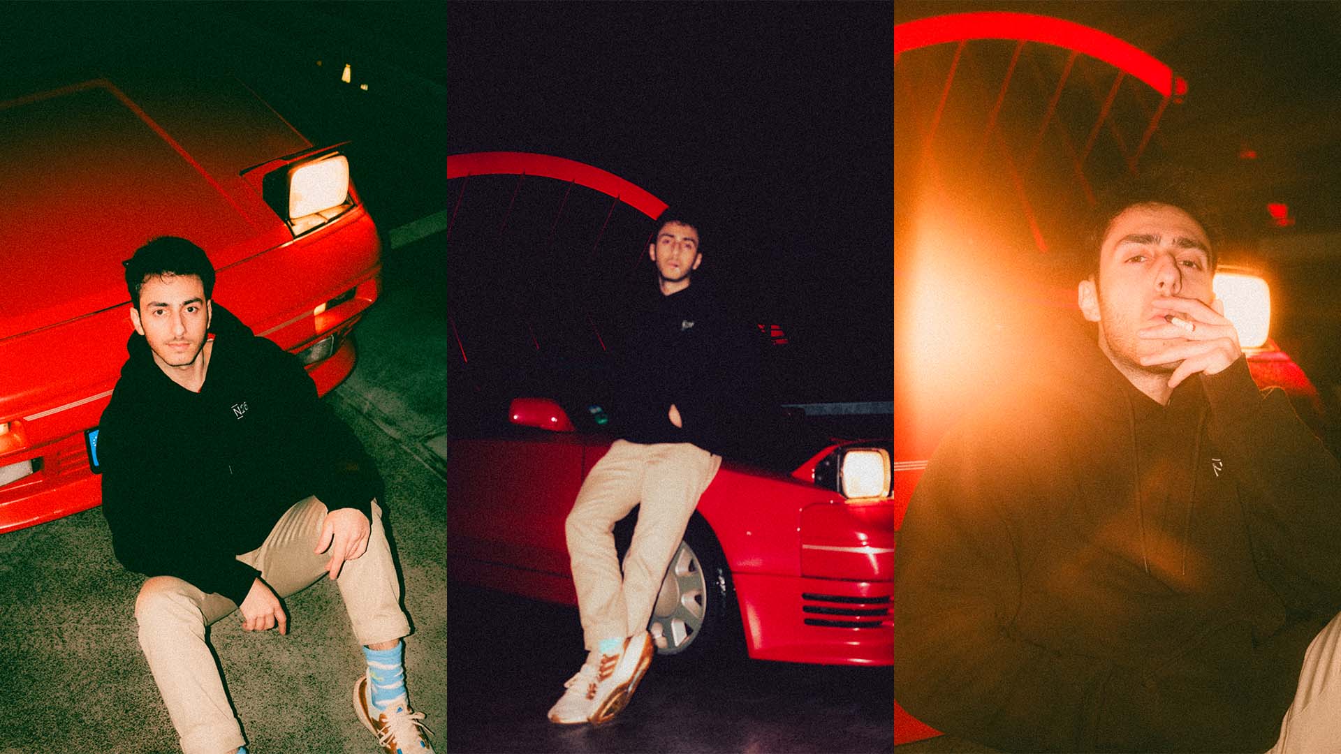 Three vertical images of a man posing in front of a red car at night