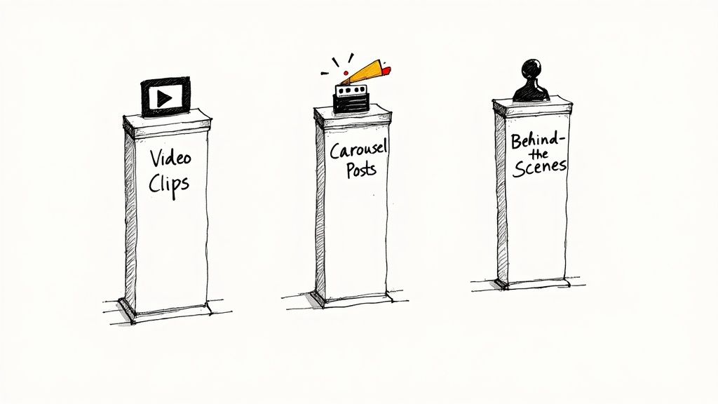 A person's hands arranging colorful sticky notes with a content strategy on a whiteboard, symbolizing the process of building a content strategy.