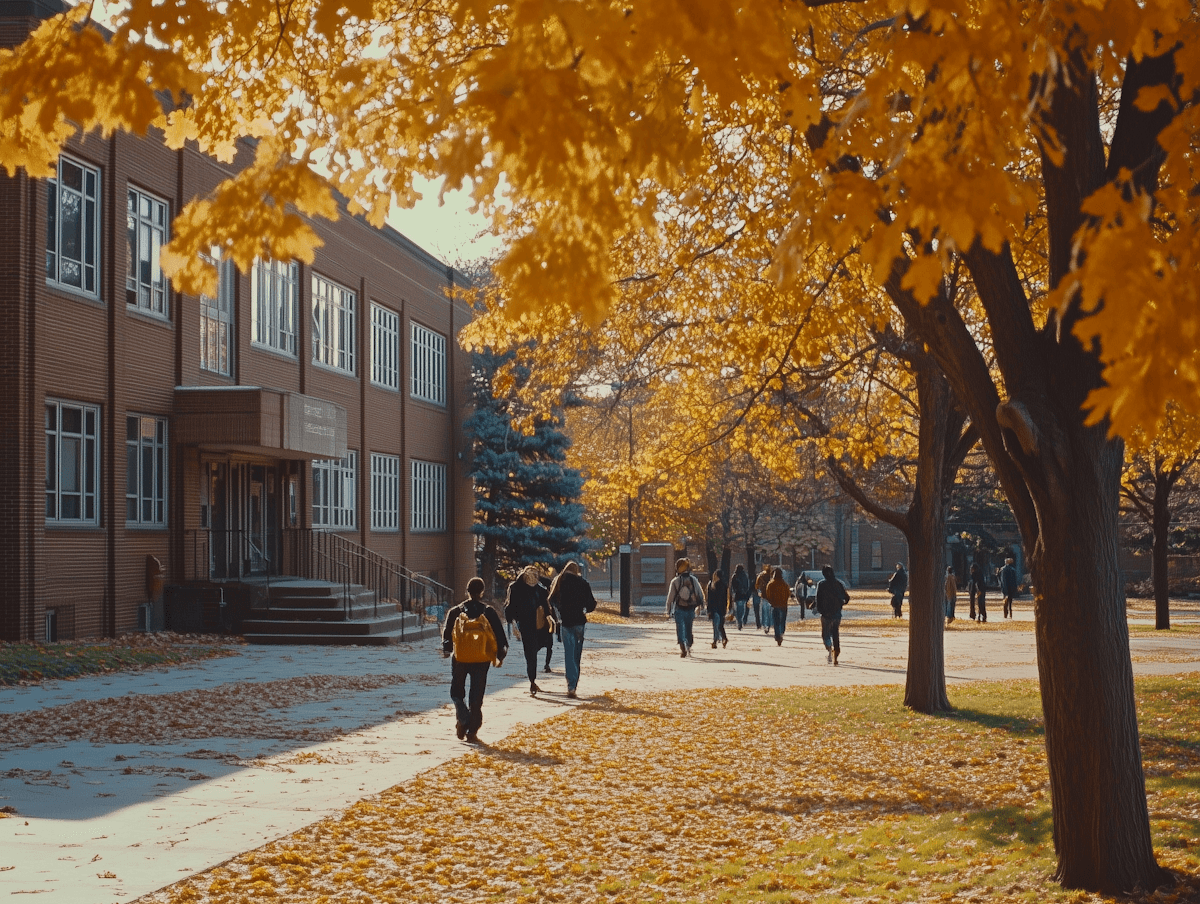 The front entrance of a university with students walk around and tall trees with orange leaves.
