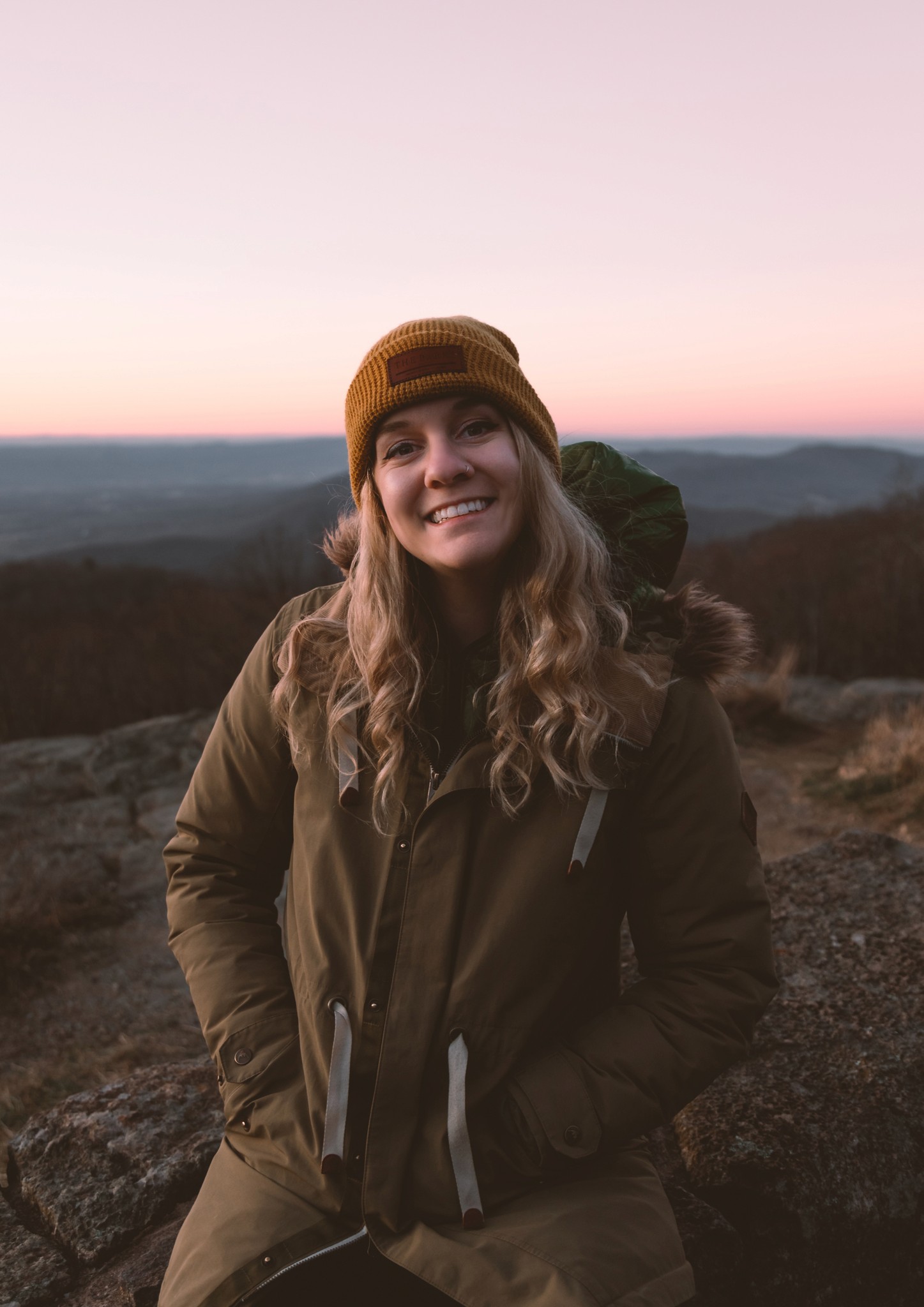 Julie, smiling at sunset in Shenandoah National Park