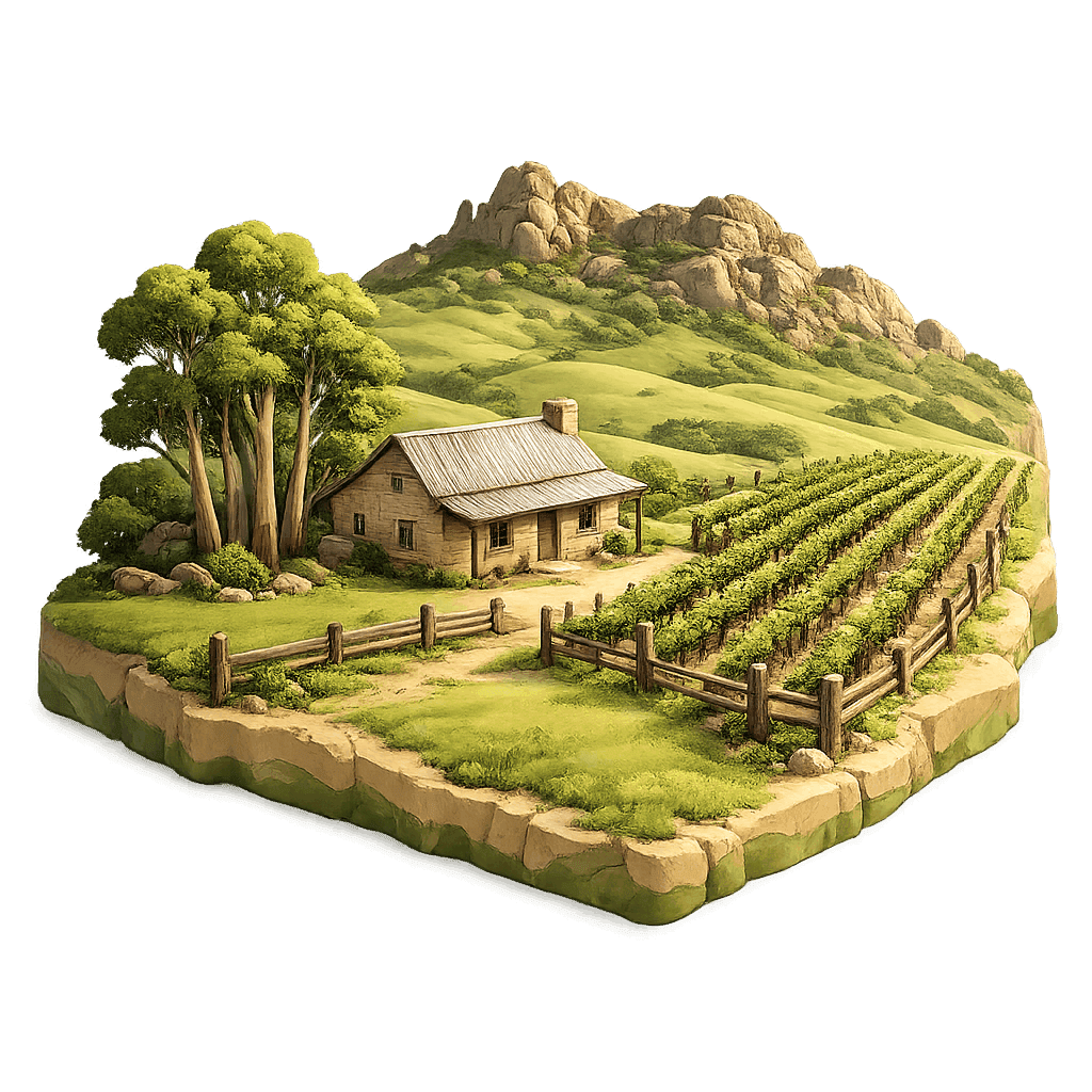 Artistic illustration of the Hunter Valley wine region.