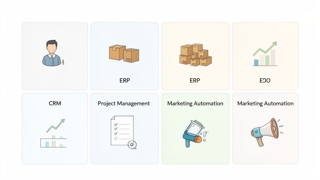 A grid of 8 cards displaying icons and labels for various business software like CRM, ERP, and Marketing Automation.