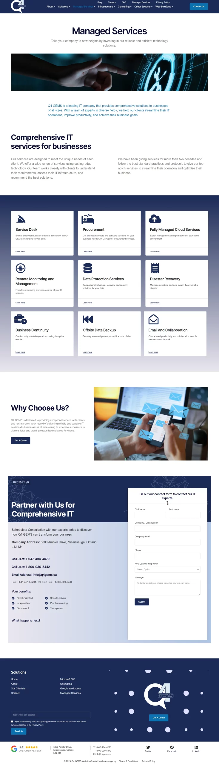 Managed-Services page for q4gems website developed & designed by Dreams Agency Mississauga, Ontario
