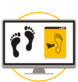 Icon illustrating footprints on a computer screen alongside a yellow smartphone displaying a footprint icon.