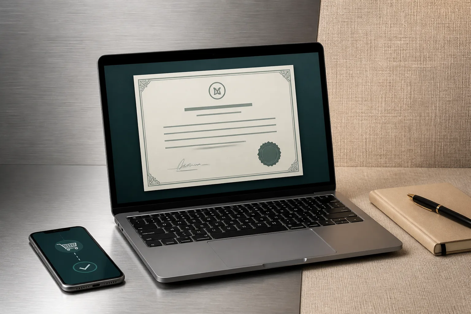 Online Business License in Dubai beside an online store dashboard with shopping cart and parcel