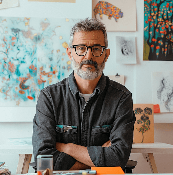 A man with a beard and glasses is working at a desk, concentrating on his activities.