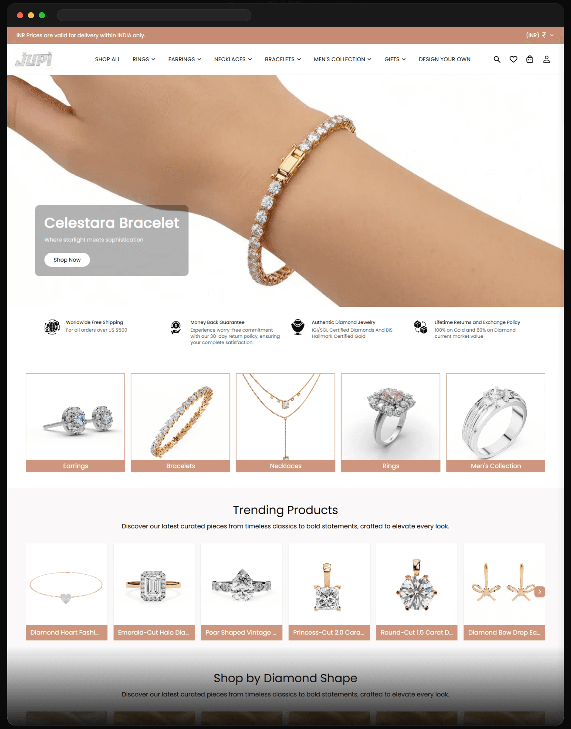 Jupi Diamonds website preview — certified diamonds with a design-your-own path