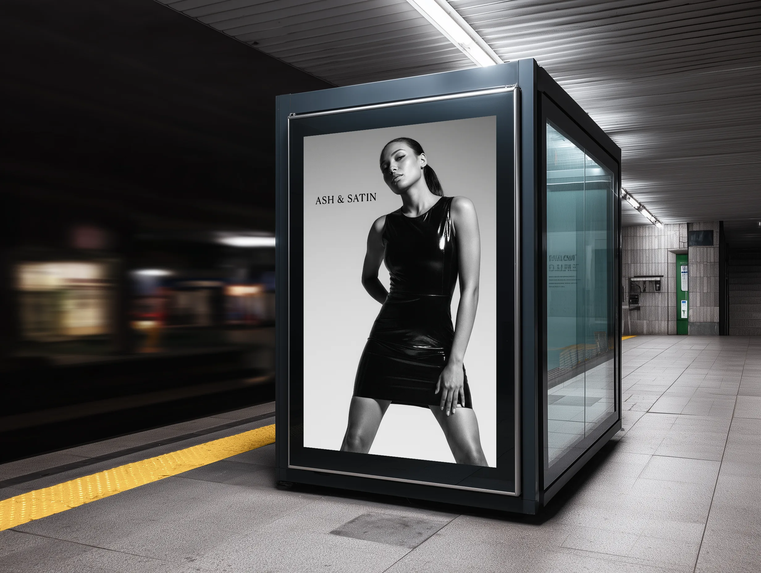 Fashion advertisement display featuring a model in a black dress at a subway platform