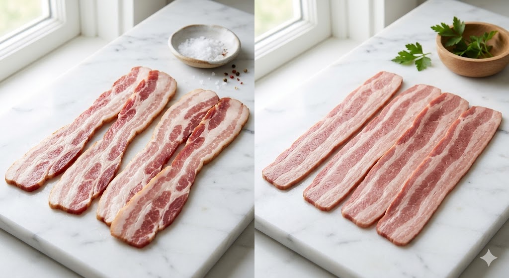 Side-by-side raw comparison of pork and turkey bacon on a marble countertop for weight loss. The image shows the natural marbling of pork bacon and the uniformly pressed texture of turkey bacon strips.