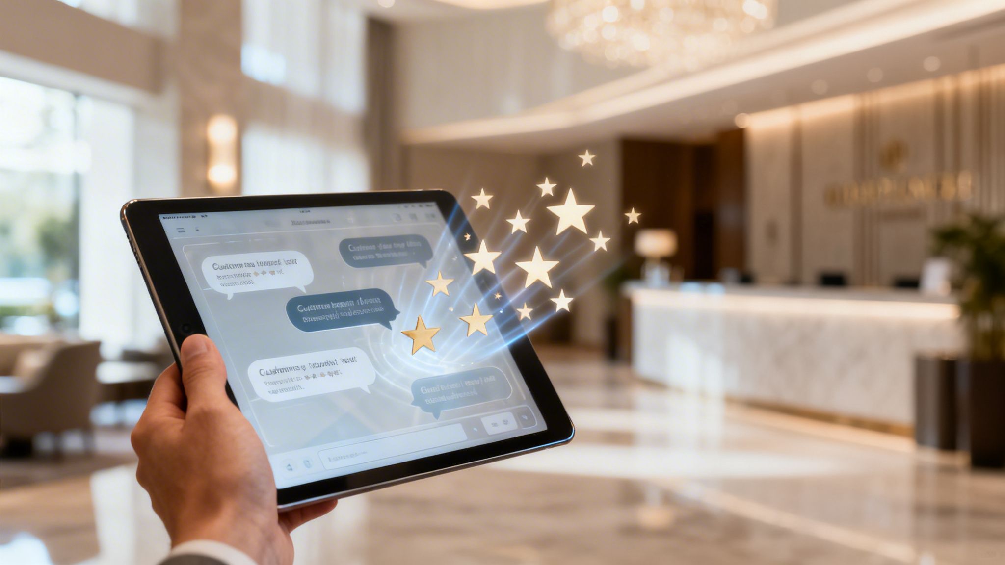 Hand holding a tablet displaying a chat with golden stars, representing positive customer feedback in a luxurious lobby.