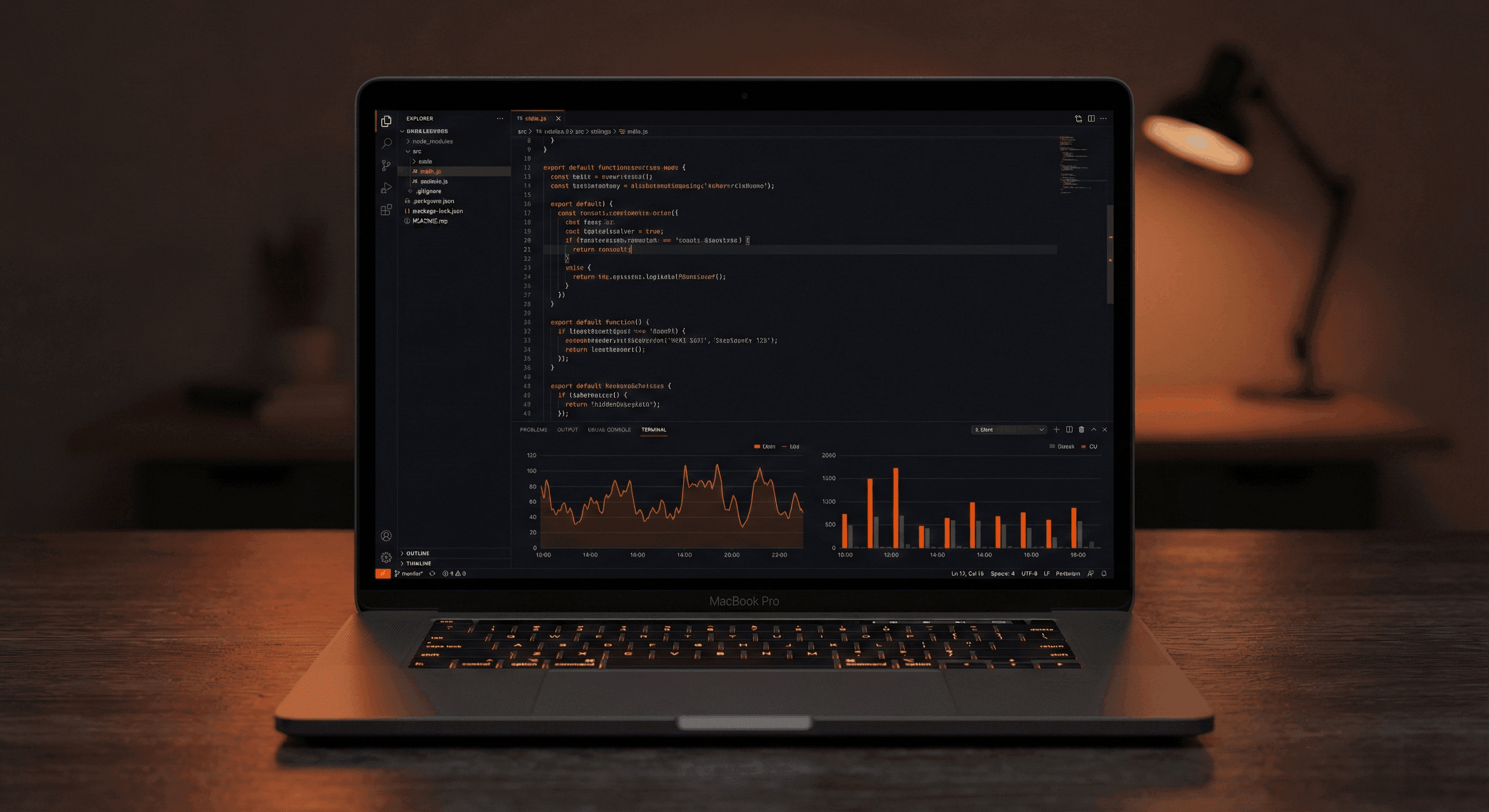 Laptop displaying code and data charts, illuminated by a desk lamp.