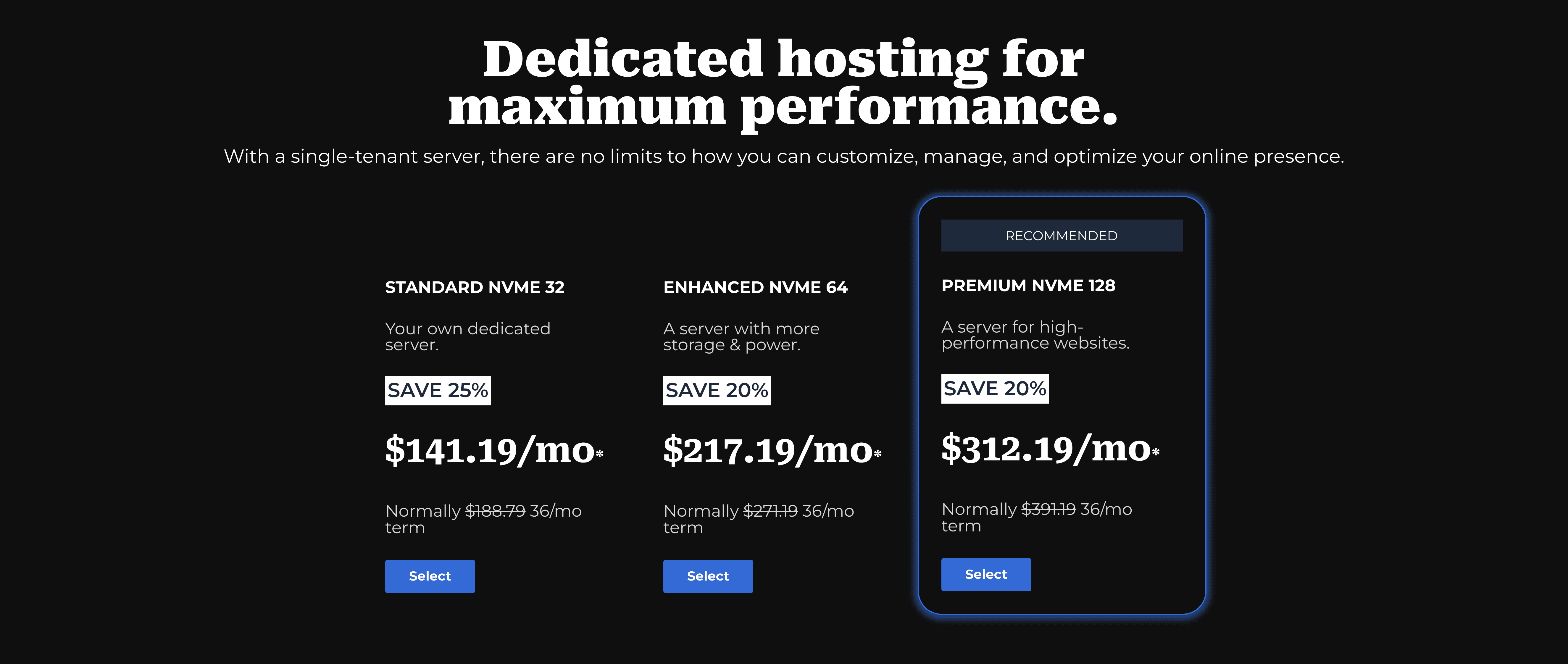 The dedicated hosting pricing structure of bluehost.com