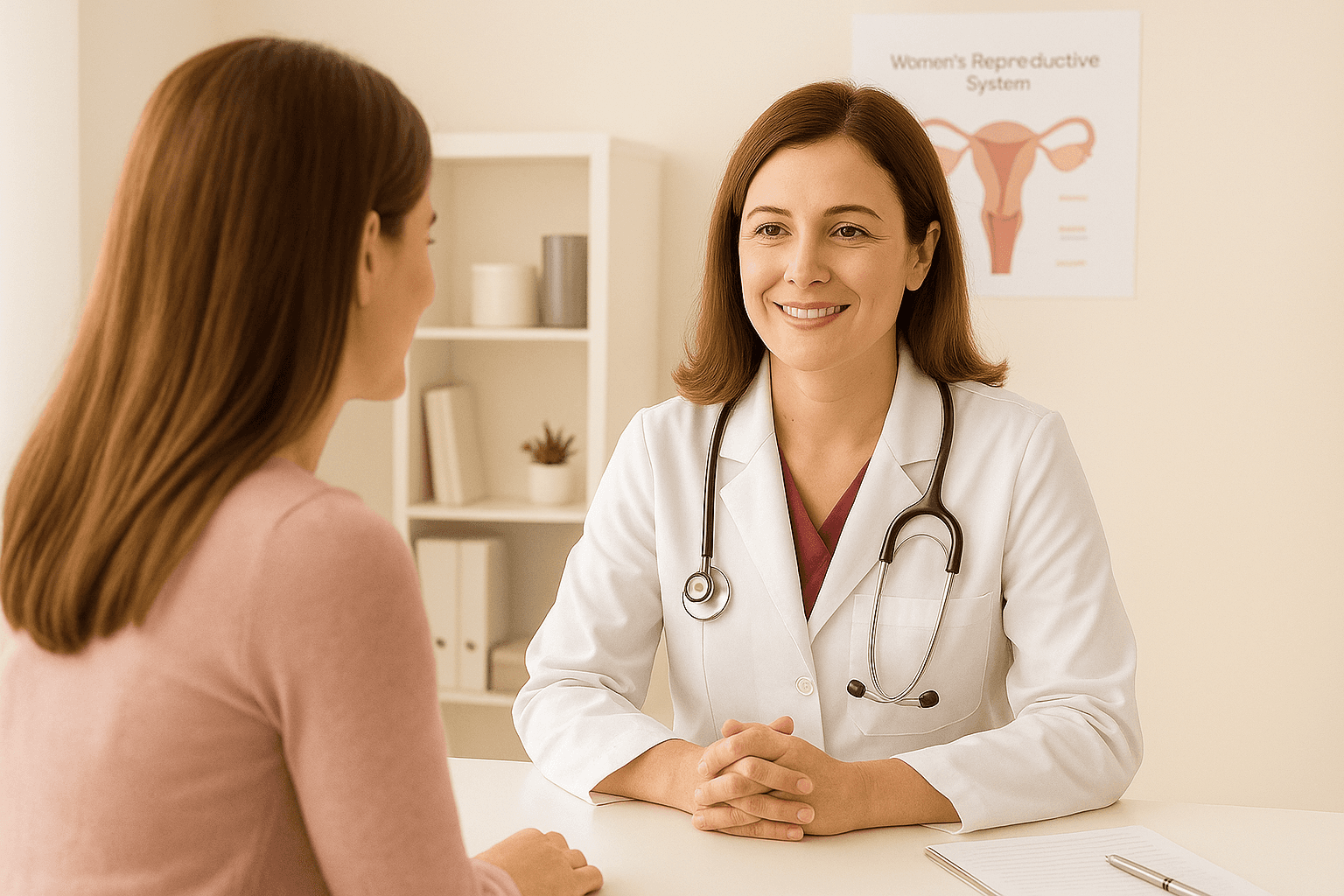 Friendly gynaecologist smiling while talking to a patient in the clinic
