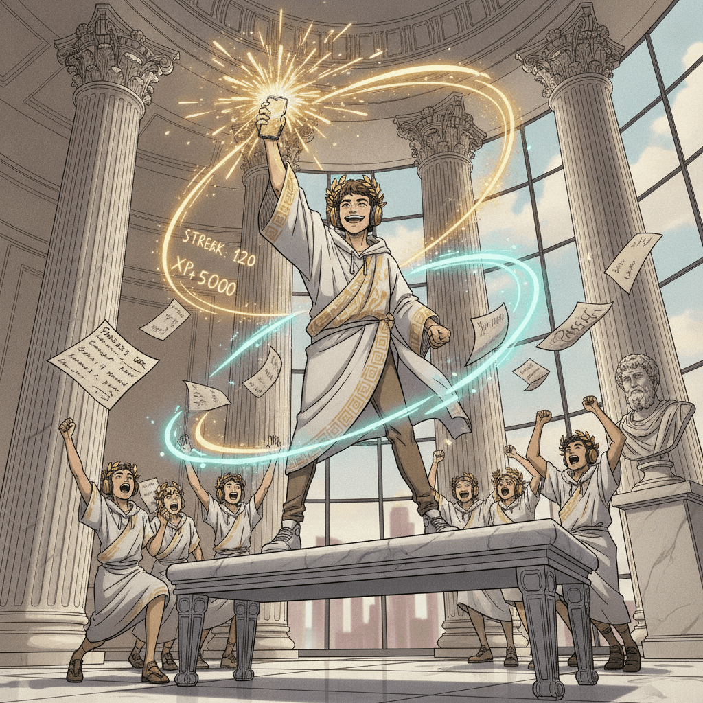 Victorious student raising a smartphone high with golden sparks bursting while XP and streak counters glow and classmates in toga hoodies celebrate under marble columns