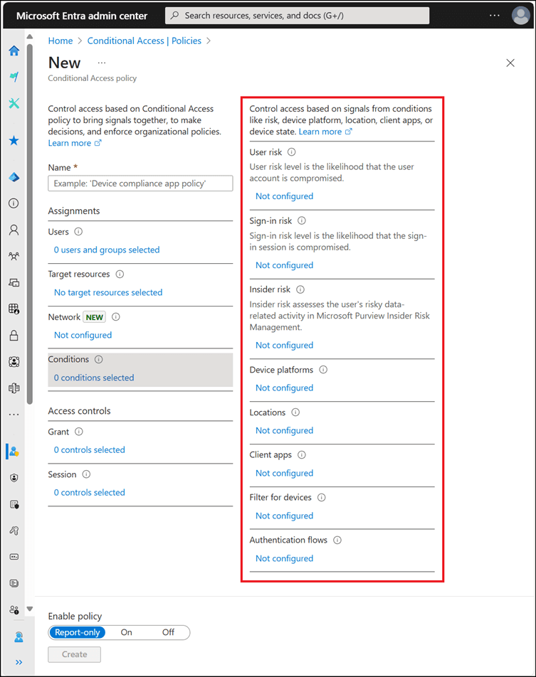Screenshot of available conditions for a Conditional Access policy in the Microsoft Entra admin center.