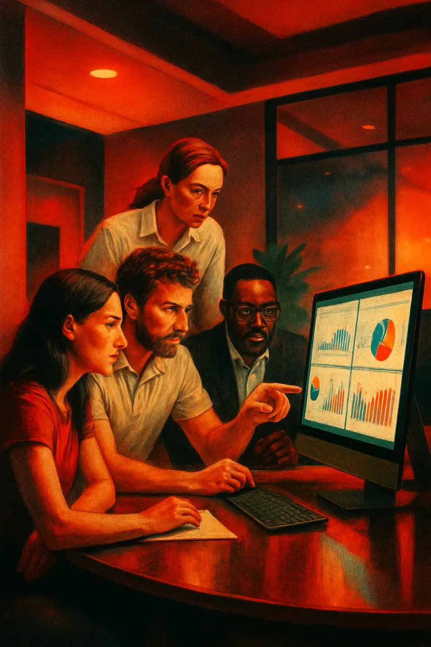 Four people analyze graphs on a monitor at RockN' Socials, a digital marketing agency.