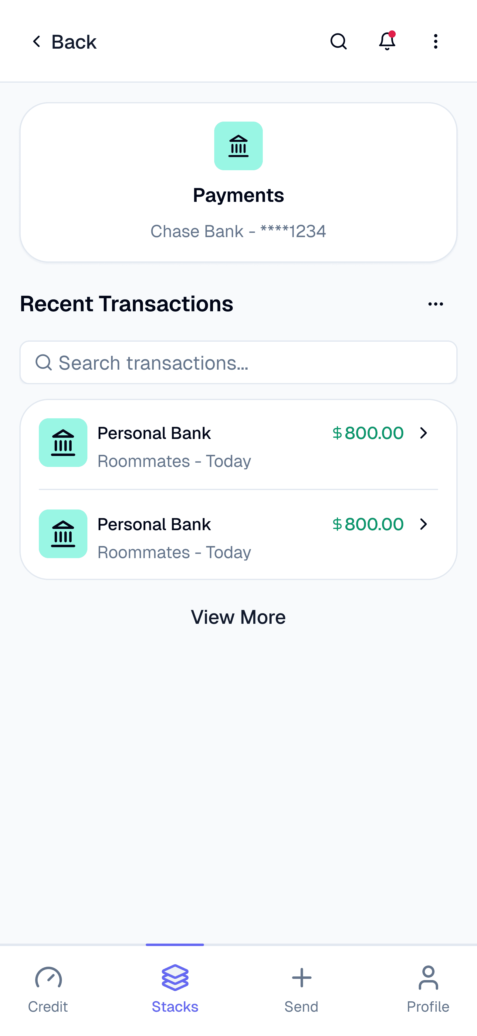 WeStack app showing shared stack overview with balance and recent group transactions across accounts