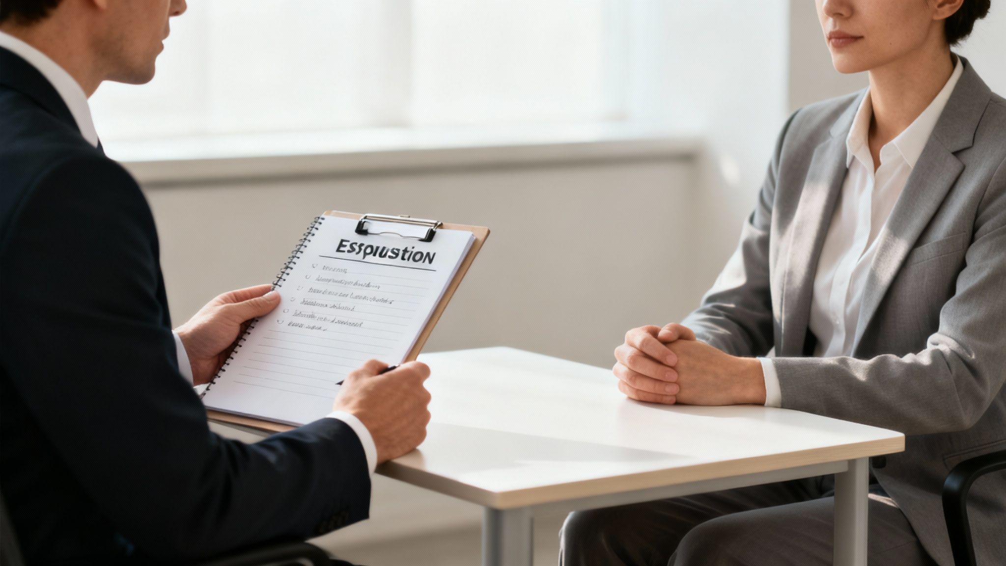A lawyer and client sitting at a table, seriously reviewing documents together.