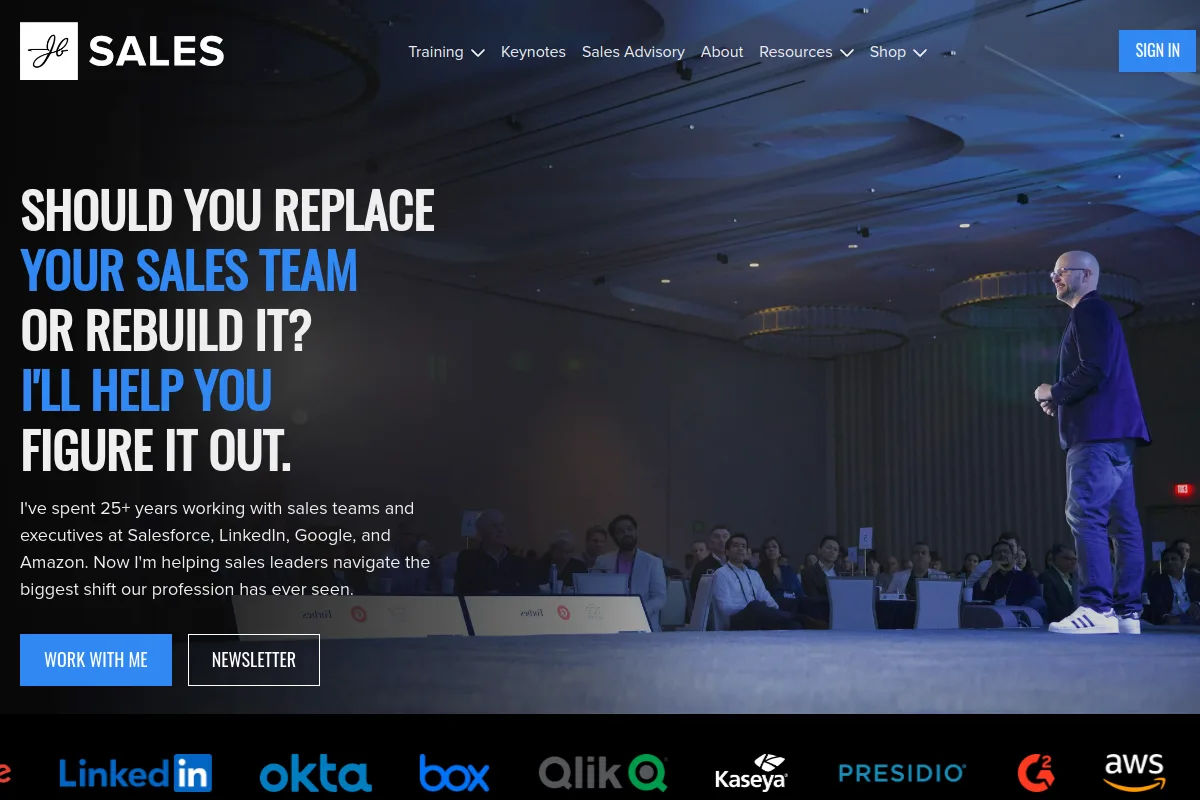 JB Sales homepage with John Barrows and the headline should you replace your sales team or rebuild it, with logos including LinkedIn, Okta, and AWS