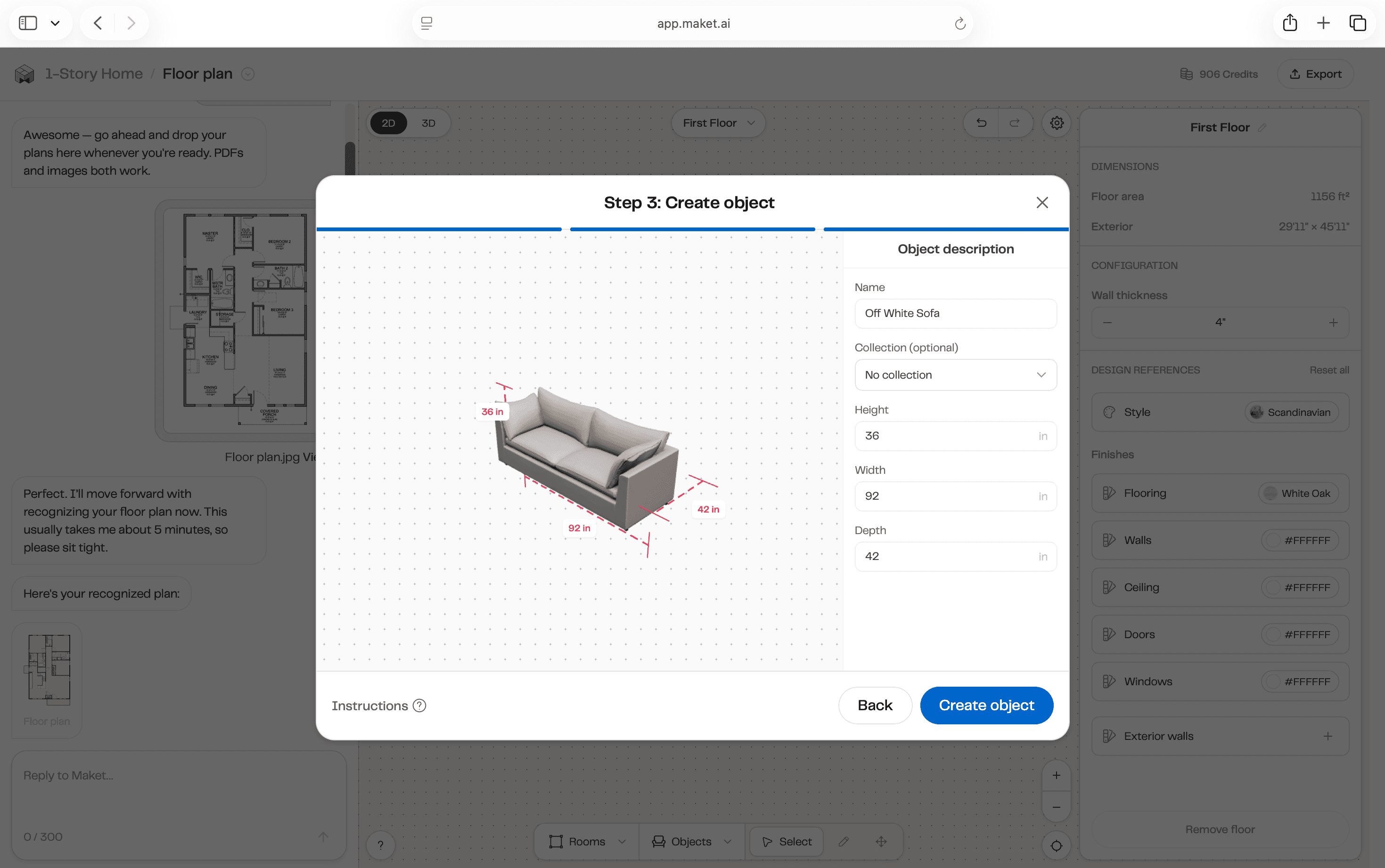 Official Maket screenshot showing the sofa model with name and editable dimensions