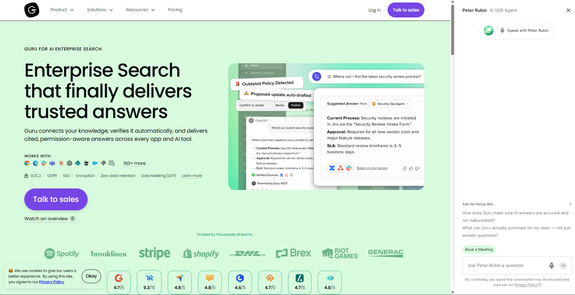 Guru enterprise search page showing an AI-generated answer with cited sources and an Ask Guru chat panel
